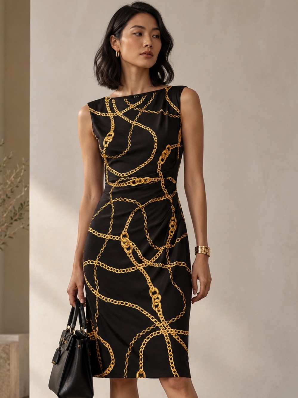 Lauren Ralph Lauren Black Gold Chain Print Ruched Sheath Dress Size 6